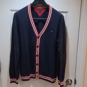 Tommy Hilfiger Men's Cardigan in Navy with Red and White Trim